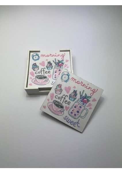 Menashop Metrashop Ahşap Bardak Altlığı Seti (Kutulu - Kahve ve Tatlı Desenli)