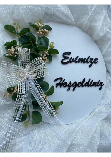 Kapı Süsü Evimize Hoşgeldiniz Ahşap Okaliptus Yaprağı Beyaz Hediyelik 23-1 Beyaz