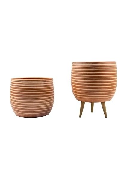 Tasarımı Ev Dekorasyon Yan Çizgi Desenli Terrakota Toprak Saksı Saksılık Salon Çiçeklik Ikili Set Ayaksız - 3 Ayaklı- 15 cm