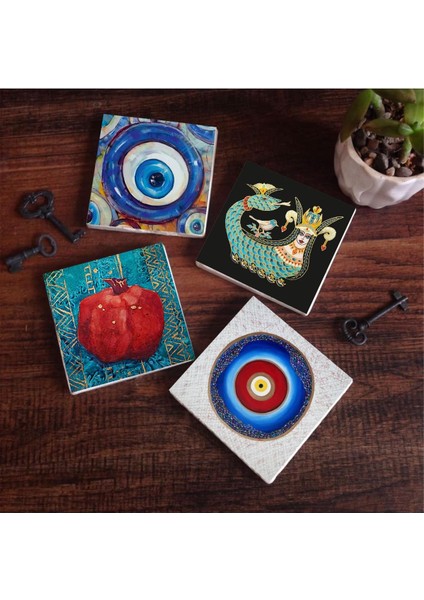 Nazar, Şahmeran, Nar Taş Bardak Altlığı Seti - 4 Parça - Dekoratif, Rustik Mutfak Aksesuarı, 10 x 10 cm , Kaydırmaz Tabanlı, Şık ve Dayanıklı SC371