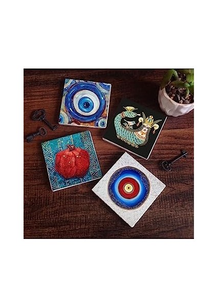 Nazar, Şahmeran, Nar Taş Bardak Altlığı Seti - 4 Parça - Dekoratif, Rustik Mutfak Aksesuarı, 10 x 10 cm , Kaydırmaz Tabanlı, Şık ve Dayanıklı SC371
