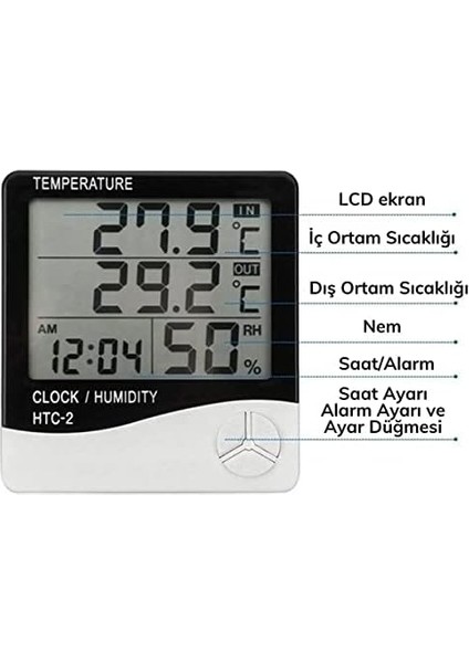 Iç Ortam ve Dış Ortam Sıcaklığını Ölçebilen LCD Ekranlı Saat Göstergeli Alarmlı Nem Ölçer Masa Üstü Termometre