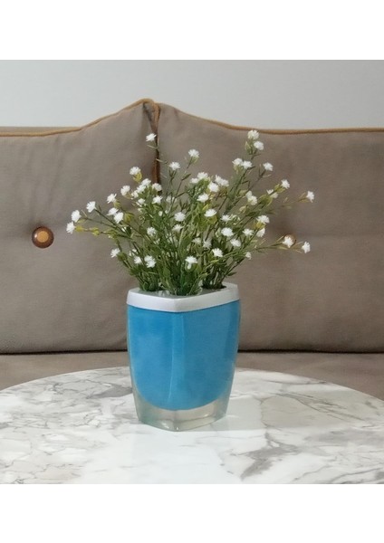 Menashop Metrashop Dahil,vazo Dahil,vazoda Çiçek,beyaz Yapay Çiçek,vazo Dekoratif Gri Mavi Poliresin 8X4X16CM