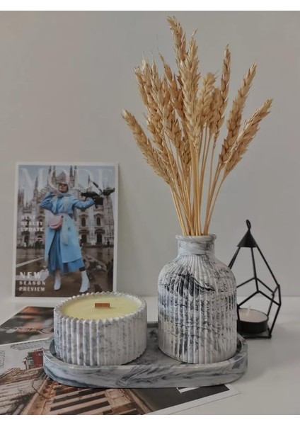 Mermer Desenli Seramik Vazo ve Mumluk Seti - Modern ve Minimalist Dekorasyon