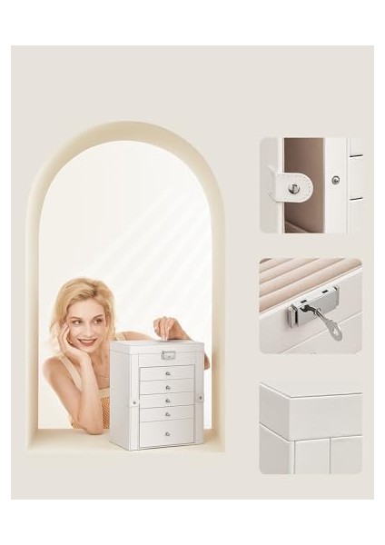 Mücevher Kutusu, 6 Seviyeli Büyük Mücevher Kutusu, Menteşeli Yan Kapılı Mücevher Kutusu, Çekmeceler, Ayna ve Kilit, Yüzükler, Küpeler Için, Beyaz JBC152W01