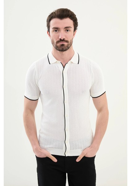 Desenli Slim Fit Polo Yaka Kısa Kollu Erkek Triko Hırka