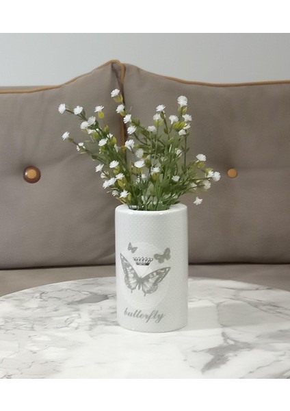 Menashop Metrashop Dahil,vazo Dahil,vazoda Çiçek,beyaz Yapay Çiçek,vazo Dekoratif Kelebek Desenli 7X7X16CM