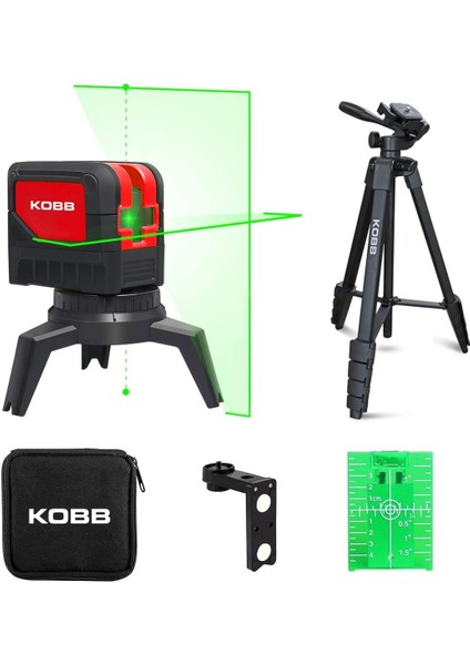 Menashop KBL92GTP 30 Metre Profesyonel Yatay ve Dikey Otomatik Hizalamalı Yeşil Çapraz Çizgi Lazer, 2 Noktalı Şakül Lazer Distomat + Mini Tripod + Tripod, Kırmızı/siyah