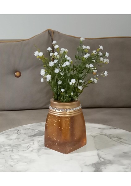 Menashop Metrashop Dahil,vazo Dahil,vazoda Çiçek,beyaz Yapay Çiçek,vazo Dekoratif Taşlı Altın Poliresin 7X7X15CM