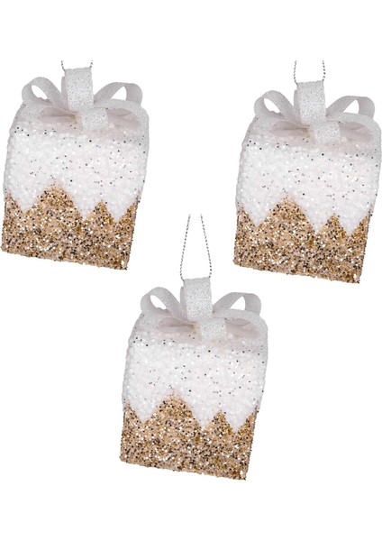 Yılbaşı Süsü Hediye Paketi Simli Kurdelalı 3'lü Paket Gold-Beyaz 6 cm .