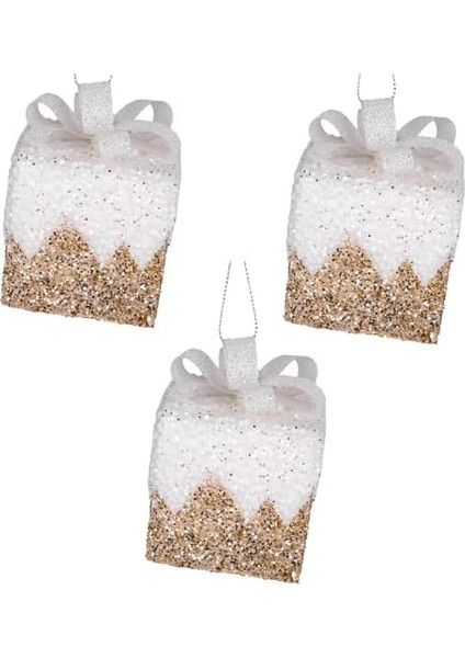 Yılbaşı Süsü Hediye Paketi Simli Kurdelalı 3'lü Paket Gold-Beyaz 6 cm .