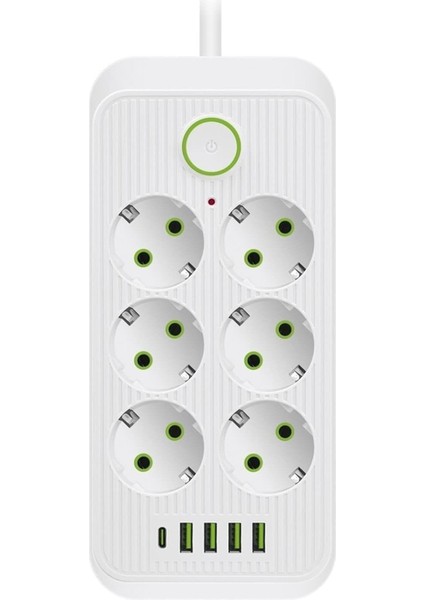 Menashop Metrashop TC-21564 6 Lı 1.5 Metre Kablolu 4 USB Li Type-C 3000W 16AH Akım Korumalı Priz (Beyaz-6)