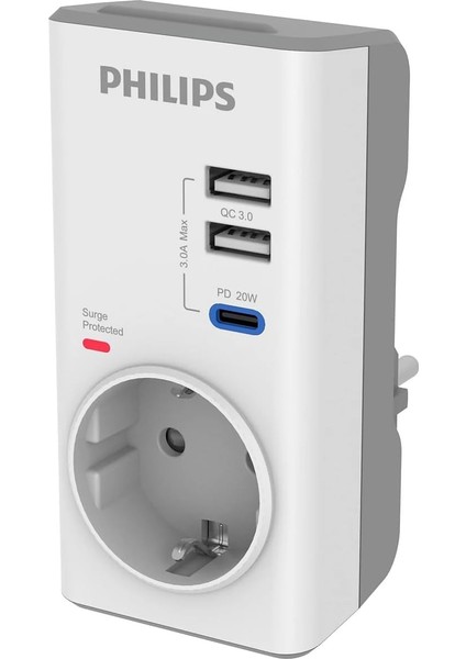 Menashop Metrashop CHP8010W Tekli Akım Koruma Priz, 380J, 2x Usb-A Out, 1x Usb-C Out (Pd & Qc 3.0), Beyaz