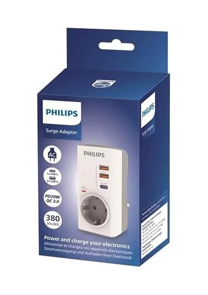 Menashop Metrashop CHP8010W Tekli Akım Koruma Priz, 380J, 2x Usb-A Out, 1x Usb-C Out (Pd & Qc 3.0), Beyaz