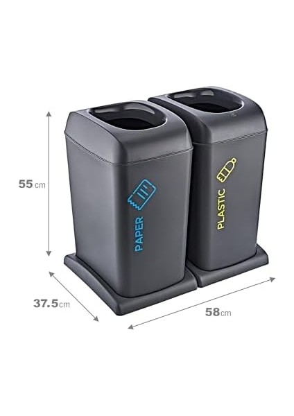 Menashop Metrashop 2'li Set Soft Tekerlekli Plastik-Kağıt Geri Dönüşüm Kutusu 40 Lt - Antrasit, Çok Amaçlı Geri Dönüşüm Kutusu