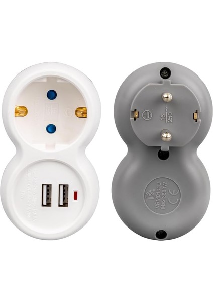 Menashop 250V 16A Tekli Çift Usb'li Duvar Priz, 1x Priz, 2x USB Giriş, Maks 3680W, Maks 16A, USB Çıkış 5V Max 2.4A, USB Priz