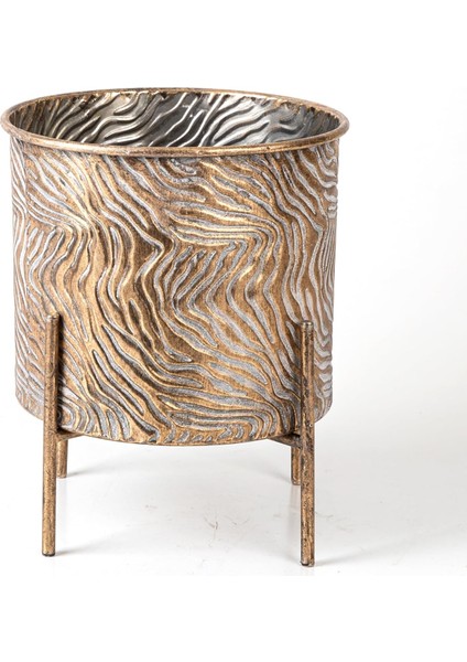 Dalga Desenli Ayaklı Silindir Metal Çiçeklik Saksı Altın Eskitme 21,5 x 24,5 x 21,5 cm .