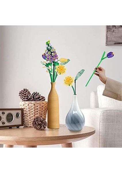 Menashop Metrashop Çiçek Buketi Yapı Seti, Yapay Gül Çiçekler Yapı Taşları, Kendin Yap Benzersiz Dekorasyon Ev, Botanik Koleksiyon (534 Parça (Menekşe/büyük Mosterwort/lale/convallariae))