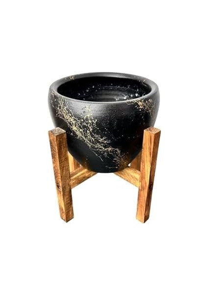 Tasarımı Ev Dekorasyon Siyah Üzeri Gold Mermer Efektli Toprak Saksı Saksılık Salon Çiçeklik 4 Ayaklı - 15 cm