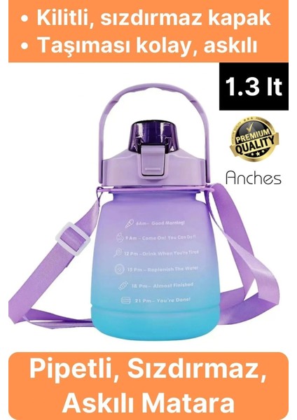 Askılı 1.3 Lt Pipetli Kilitli Sızdırmaz Kapak Tutacaklı Motivasyon Suluk Matara Kamp Okul Bpa Free