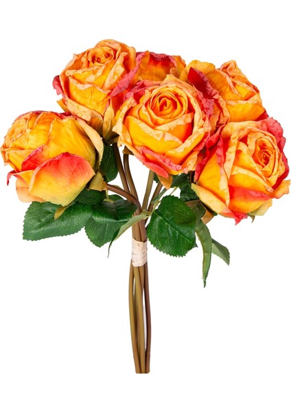 Menashop Metrashop Yapay Çiçek Gül 6'lı Demet Sarı-Kırmızı 37 Cm.