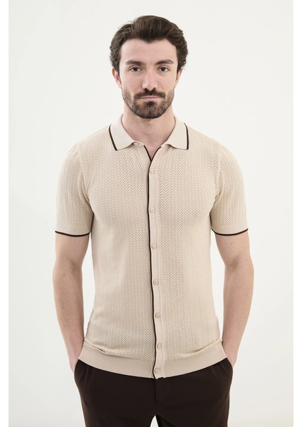 Desenli Slim Fit Polo Yaka Kısa Kollu Erkek Triko Hırka