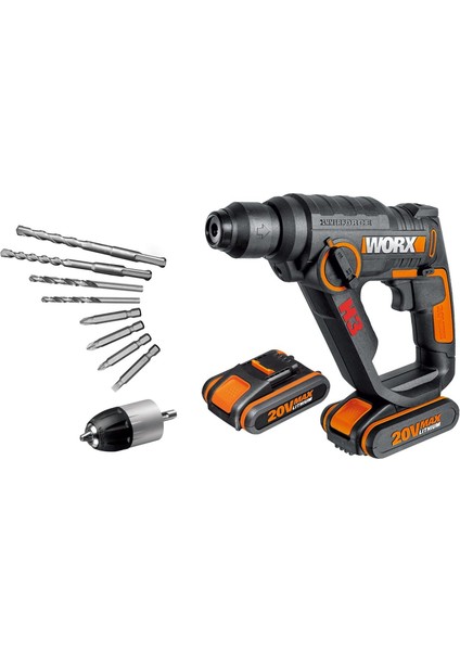 Menashop Metrashop WX390.1 20VOLT 2.0AH. Li-Ion 1.2j Profesyonel Sds-Plus Pnömatik Çift Akülü Şarjlı Matkap + 8 Adet Uç + Mandren