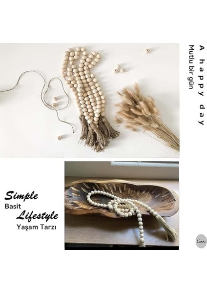 Spring Çiftlik Tarzı Boncuklar Ahşap Boncuklu Püsküllü Garland, Rustik Ülke Dekoru, Dua Boncukları, Boho Duvar Dekorasyonu, 148 cm , Beyaz