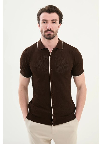 Desenli Slim Fit Polo Yaka Kısa Kollu Erkek Triko Hırka