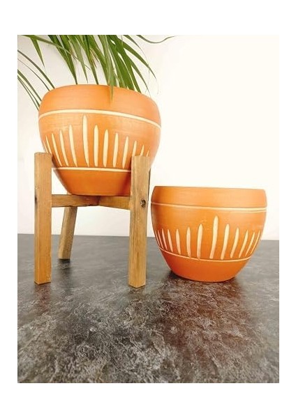 Tasarımı Ev Dekorasyon Dik Çizgi Desenli Terrakota Toprak Saksı Saksılık Salon Çiçeklik Ikili Set Ayaksız - 4 Ayaklı- 15 cm