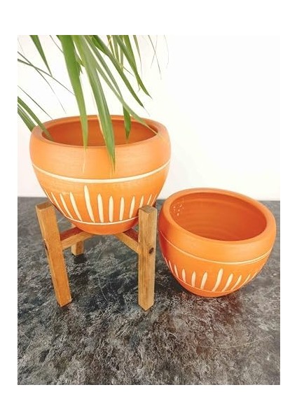 Tasarımı Ev Dekorasyon Dik Çizgi Desenli Terrakota Toprak Saksı Saksılık Salon Çiçeklik Ikili Set Ayaksız - 4 Ayaklı- 15 cm