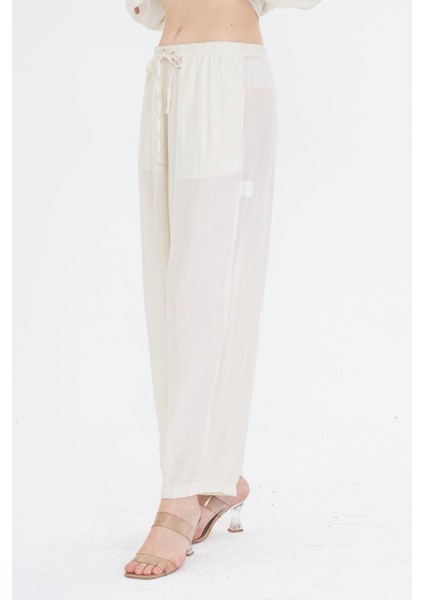 Beli Lastikli Çizgili Rayon Pantolon