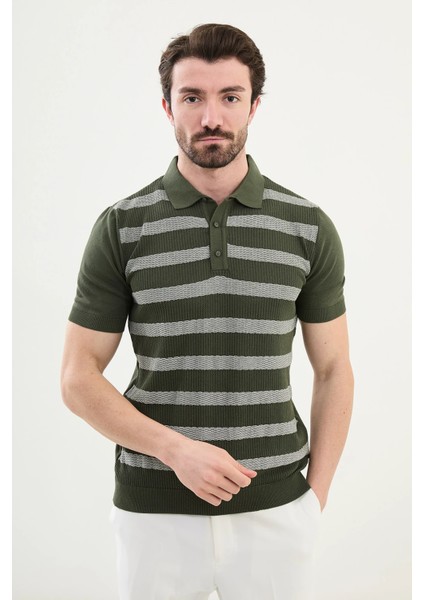 Çizgili Slim Fit Polo Yaka Erkek Triko T-Shirt