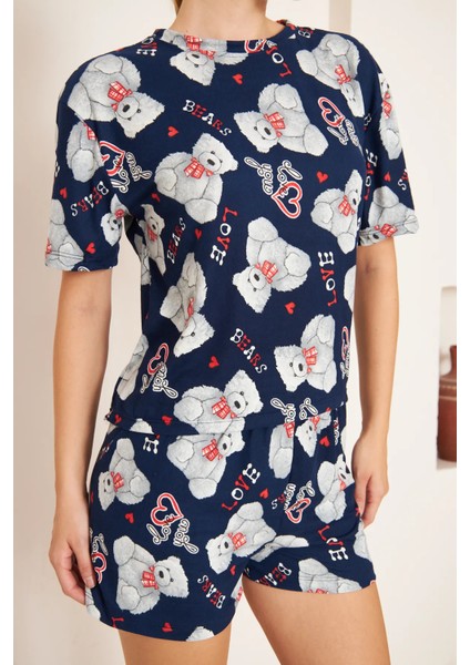 Ayıcık Desenli T-Shirt-Şort Örme Pijama Takımı