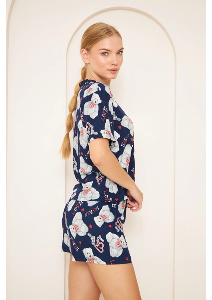 Ayıcık Desenli T-Shirt-Şort Örme Pijama Takımı
