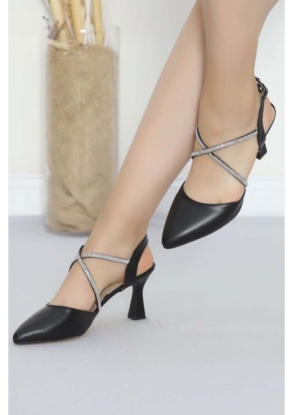 Kadın Topuklu Ayakkabı Siyah Stiletto Taşlı Konforlu Günlük ve Özel Günler Için