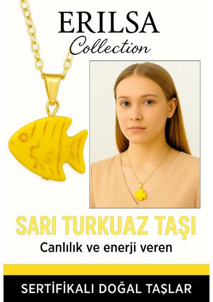 Sertifikalı Sarı Renkli Balık Model Sarı Turkuaz Taşı Kolye – Enerji, Şans ve Ruhsal Koruma Taşı
