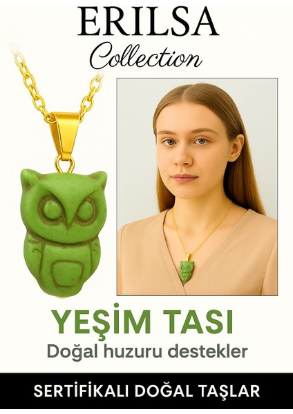 Sertifikalı Sarı Renkli Baykuş Model Yeşim Taşı Kolye – Bilgelik, Huzur ve Bereket Taşı
