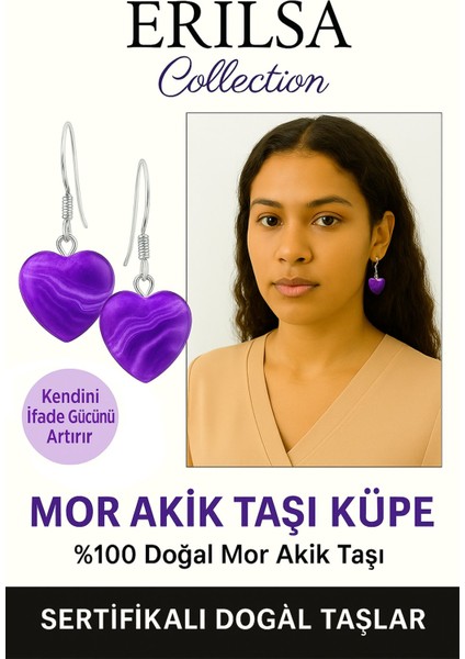 Sertifikalı Kalp Model Mini Mor Akik Taşı Doğal Taş Küpe – Koruma, Denge ve Ruhsal Şifa Taşı