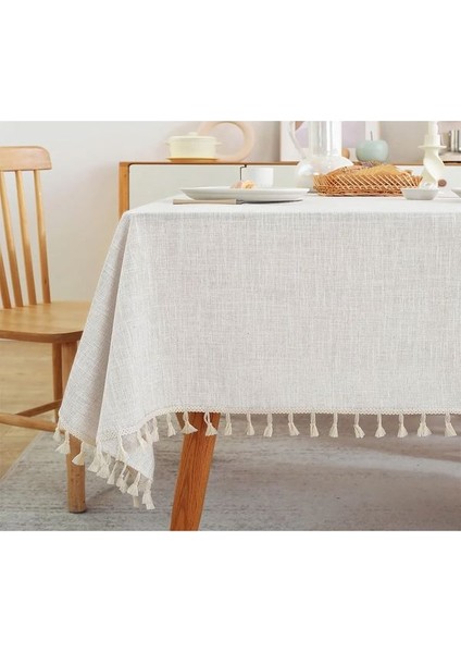 Krem Püsküllü %100 Pamuklu Buldan Işi Organik Keten Masa Örtüsü