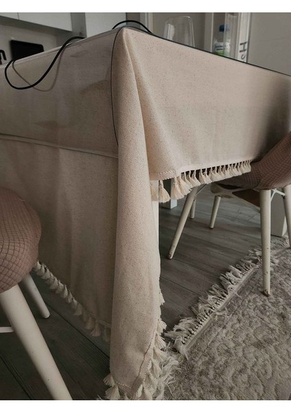 Krem Püsküllü %100 Pamuklu Buldan Işi Organik Keten Masa Örtüsü fiyatları