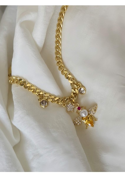 Arı Inci Yıldız Figürlü Gurmet Model Gold Renk Çelik Bileklik