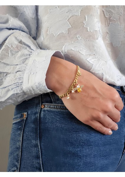 Arı Inci Yıldız Figürlü Gurmet Model Gold Renk Çelik Bileklik