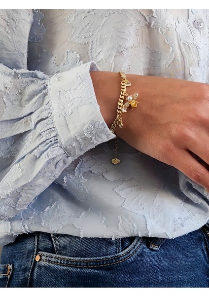 Arı Inci Yıldız Figürlü Gurmet Model Gold Renk Çelik Bileklik