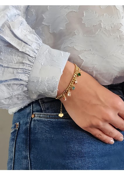 Renkli Baget Figürlü Gurmet Model Gold Renk Çelik Bileklik modelleri