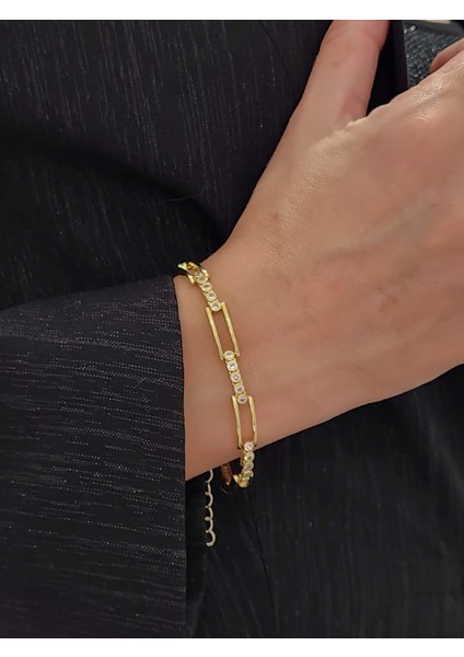 Dikdörtgen Model Elmas Görünümlü Gold Çelik Bileklik modelleri