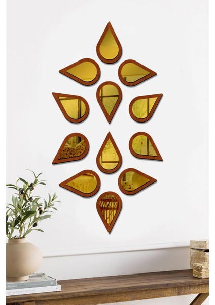 Su Damlası Dekoratif Ayna Seti Ahşap 12 Adet Pleksi Ayna