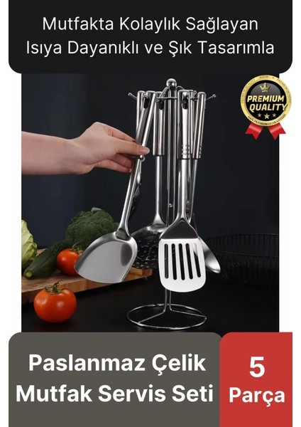 Çok Amaçlı Paslanmaz Çelik Isıya Dayanıklı Saplı Spatula Kepçe 5 Parça Standlı Mutfak Servis Seti