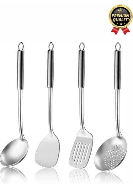 Çok Amaçlı Paslanmaz Çelik Isıya Dayanıklı Saplı Spatula Kepçe 5 Parça Standlı Mutfak Servis Seti