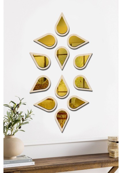 Su Damlası Dekoratif Ayna Seti Ahşap 12 Adet Pleksi Ayna